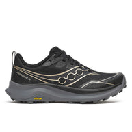 Peregrine 16 - Women by Saucony in black and grey with Vibram Megagrip sole, cushioned trail running shoe for rugged outdoor terrain