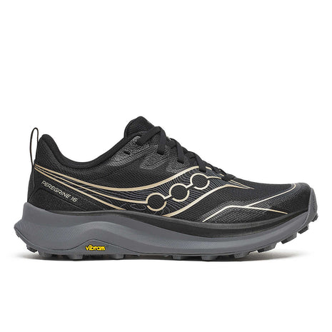Peregrine 16 - Women by Saucony in black and grey with Vibram Megagrip sole, cushioned trail running shoe for rugged outdoor terrain