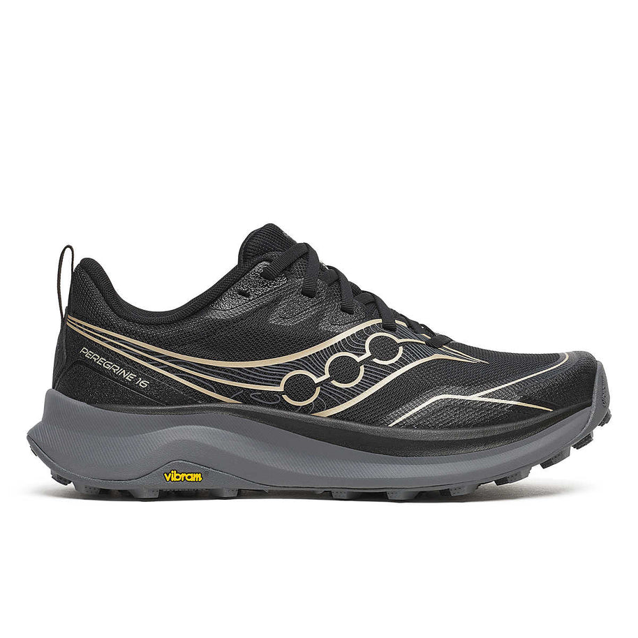 Peregrine 16 Wide - Women by Saucony in black and grey, trail running shoe with Vibram Megagrip outsole for rugged terrain and cushioning