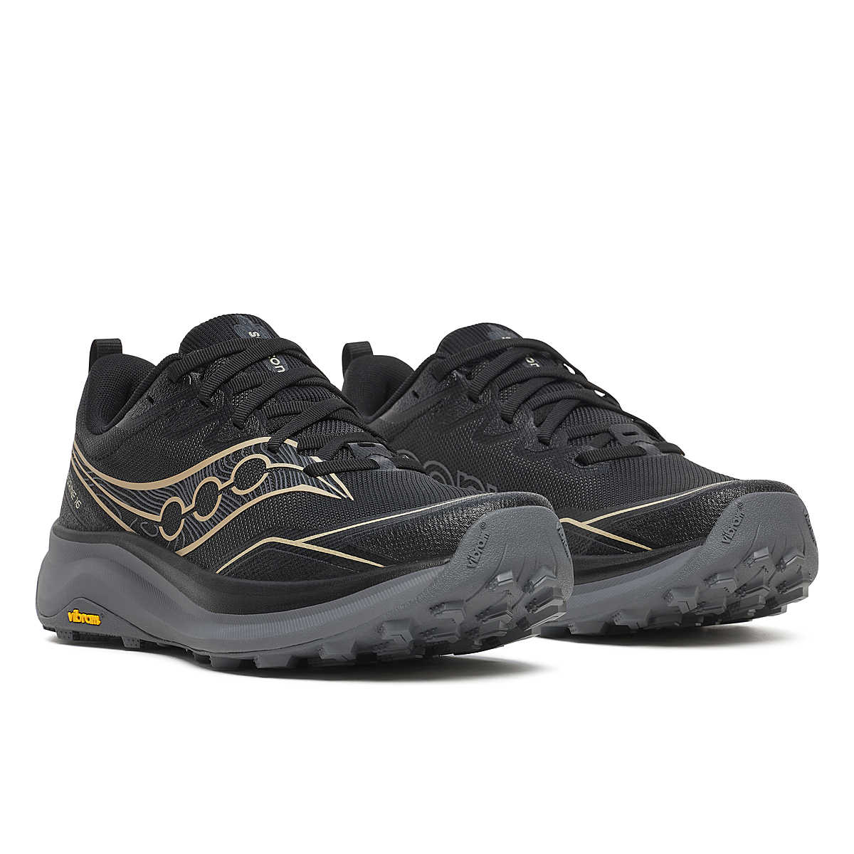 Peregrine 16 Wide - Women by Saucony in black with beige accents, lightweight trail shoe with Vibram Megagrip for rugged terrain and traction