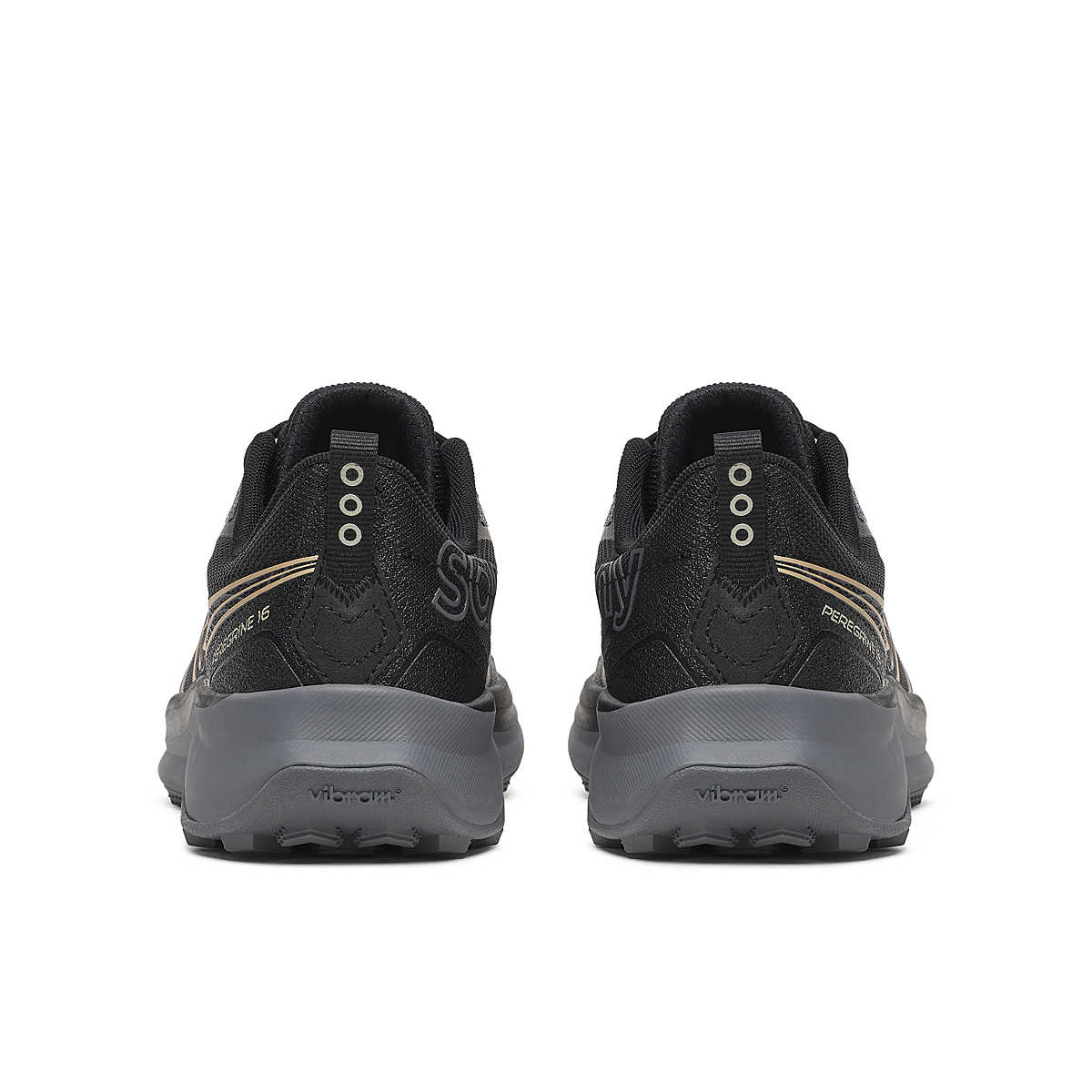 Peregrine 16 Wide - Women by Saucony in black and grey, trail running shoe with Vibram Megagrip sole, durable traction for rugged terrain