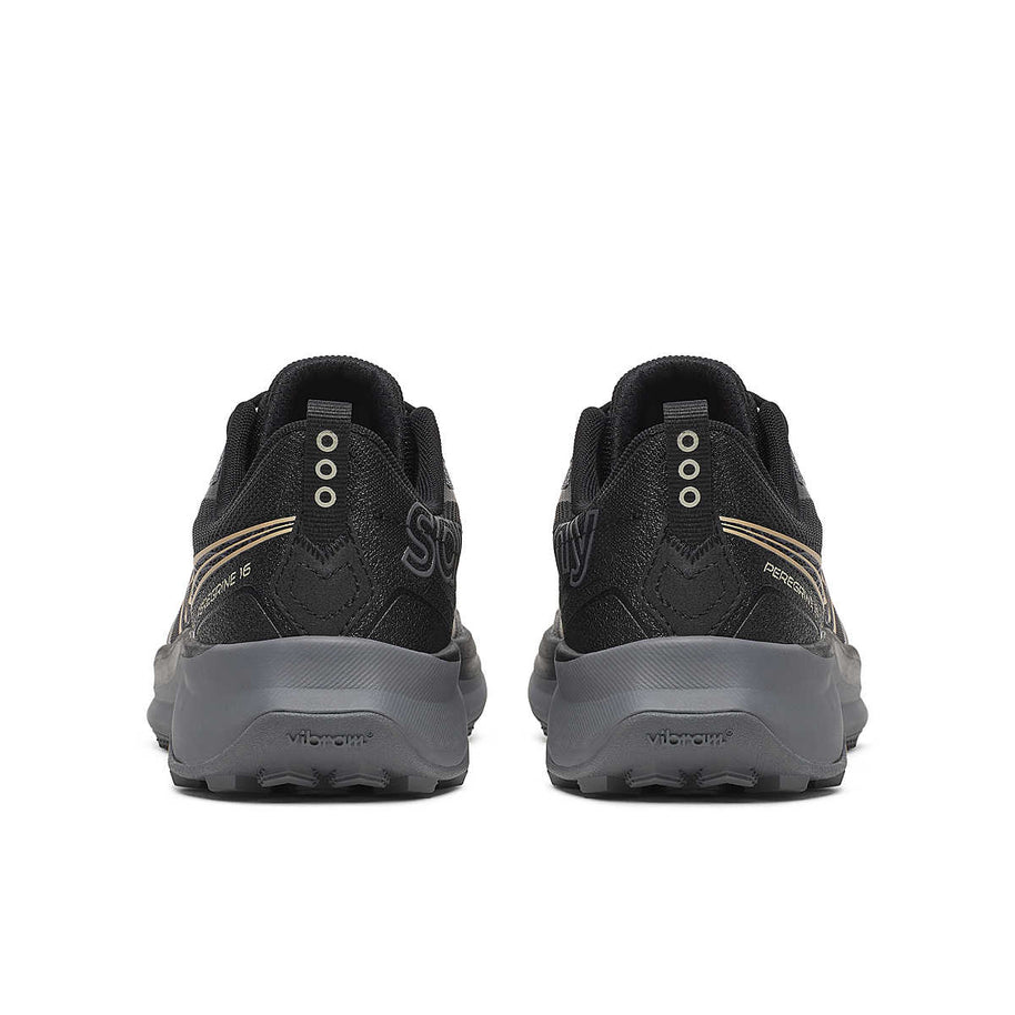 Peregrine 16 Wide - Women by Saucony in black and grey, trail running shoe with Vibram Megagrip sole, durable traction for rugged terrain