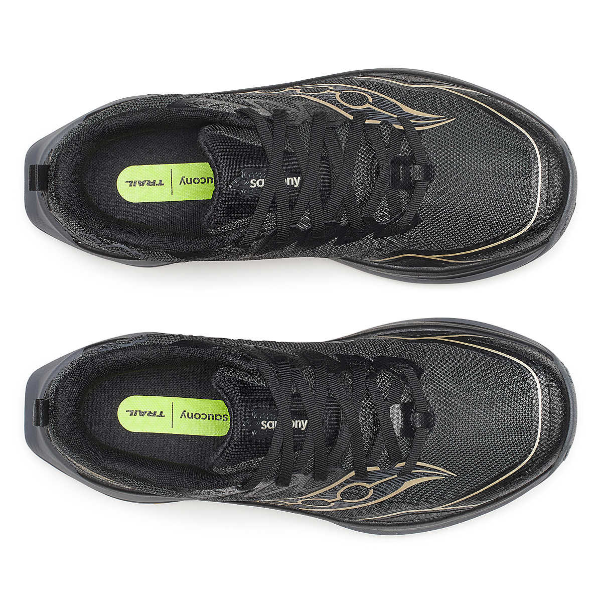 Peregrine 16 - Women by Saucony in black and gold, trail running shoe with Vibram Megagrip sole for rugged terrain and confident grip