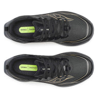 Peregrine 16 - Women by Saucony in black and gold, trail running shoe with Vibram Megagrip sole for rugged terrain and confident grip