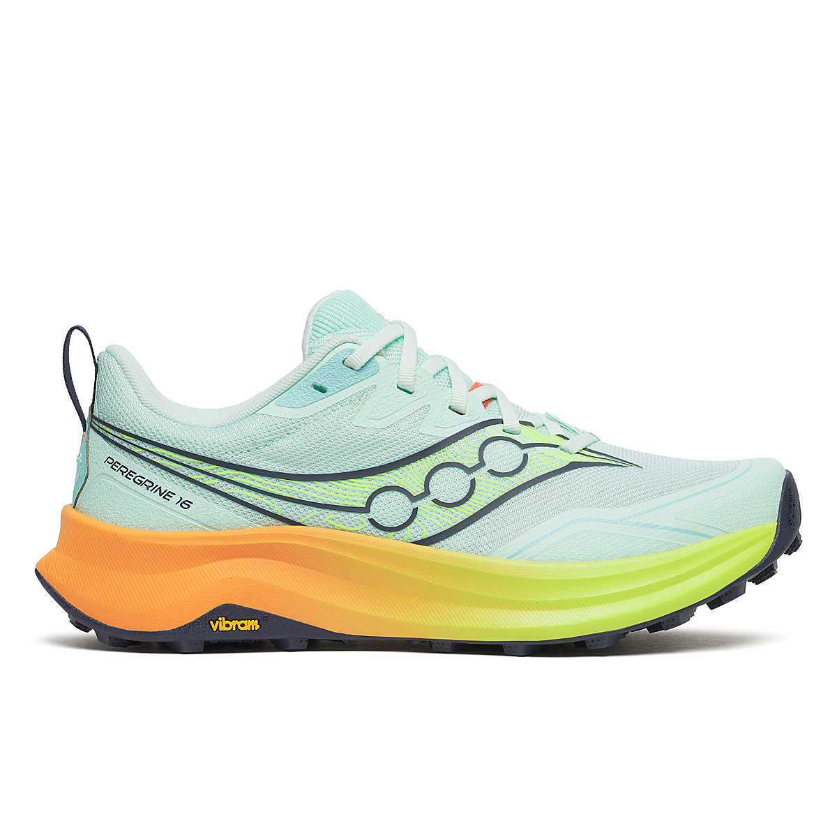 Peregrine 16 - Women by Saucony in light blue and orange with Vibram Megagrip sole, cushioned trail running shoe for rugged terrain and grip