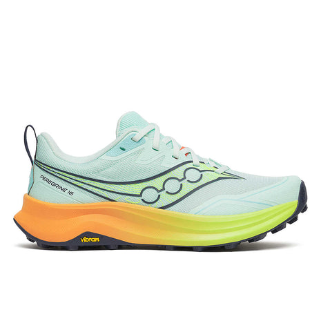 Peregrine 16 - Women by Saucony in light blue and orange with Vibram Megagrip sole, cushioned trail running shoe for rugged terrain and grip