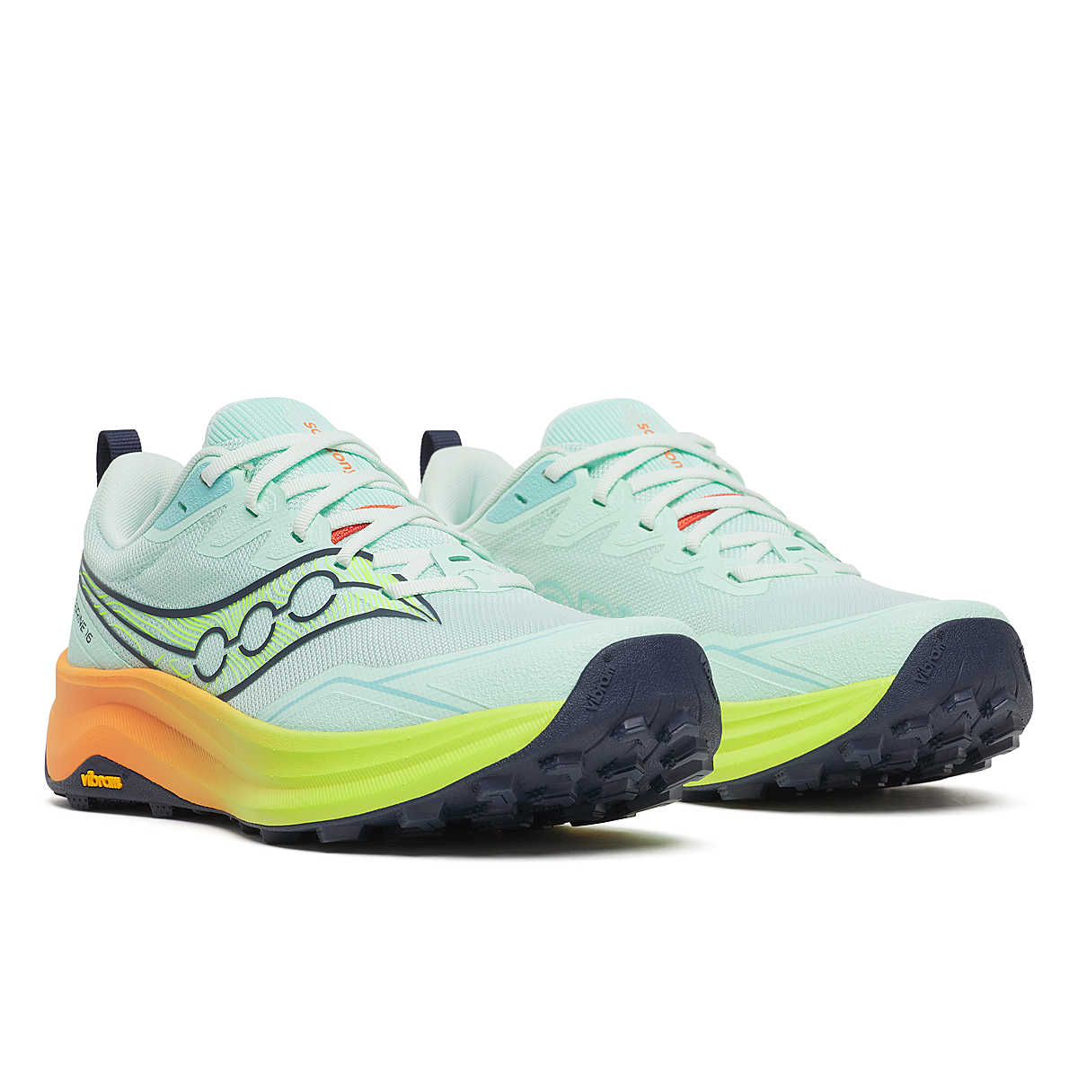 Peregrine 16 - Women by Saucony in light blue, neon yellow and orange, trail running shoes with Vibram Megagrip for rugged terrain and traction
