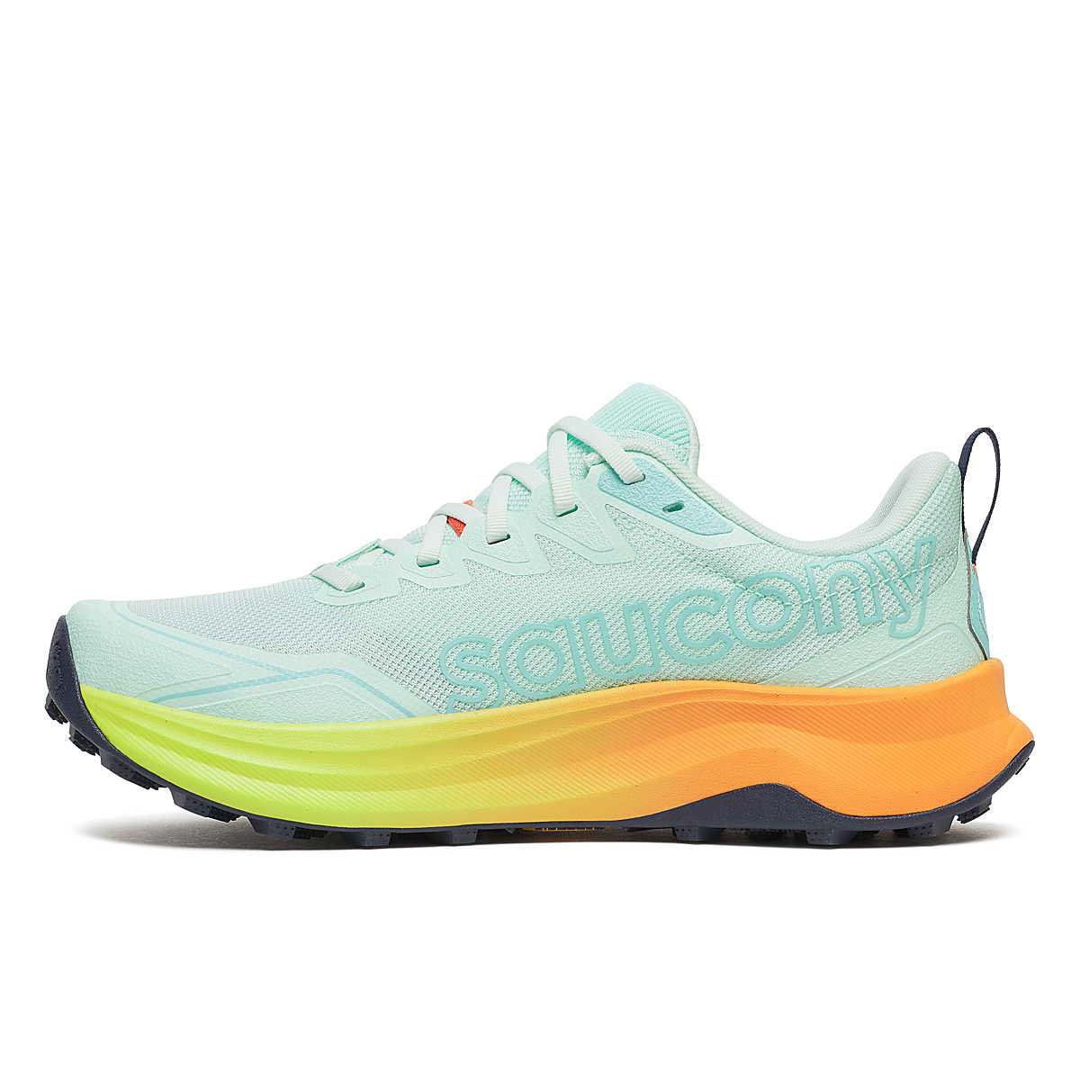 Peregrine 16 - Women by Saucony in light blue with orange and yellow sole, trail running shoe with Vibram Megagrip for rugged terrain