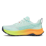 Peregrine 16 - Women by Saucony in light blue with orange and yellow sole, trail running shoe with Vibram Megagrip for rugged terrain