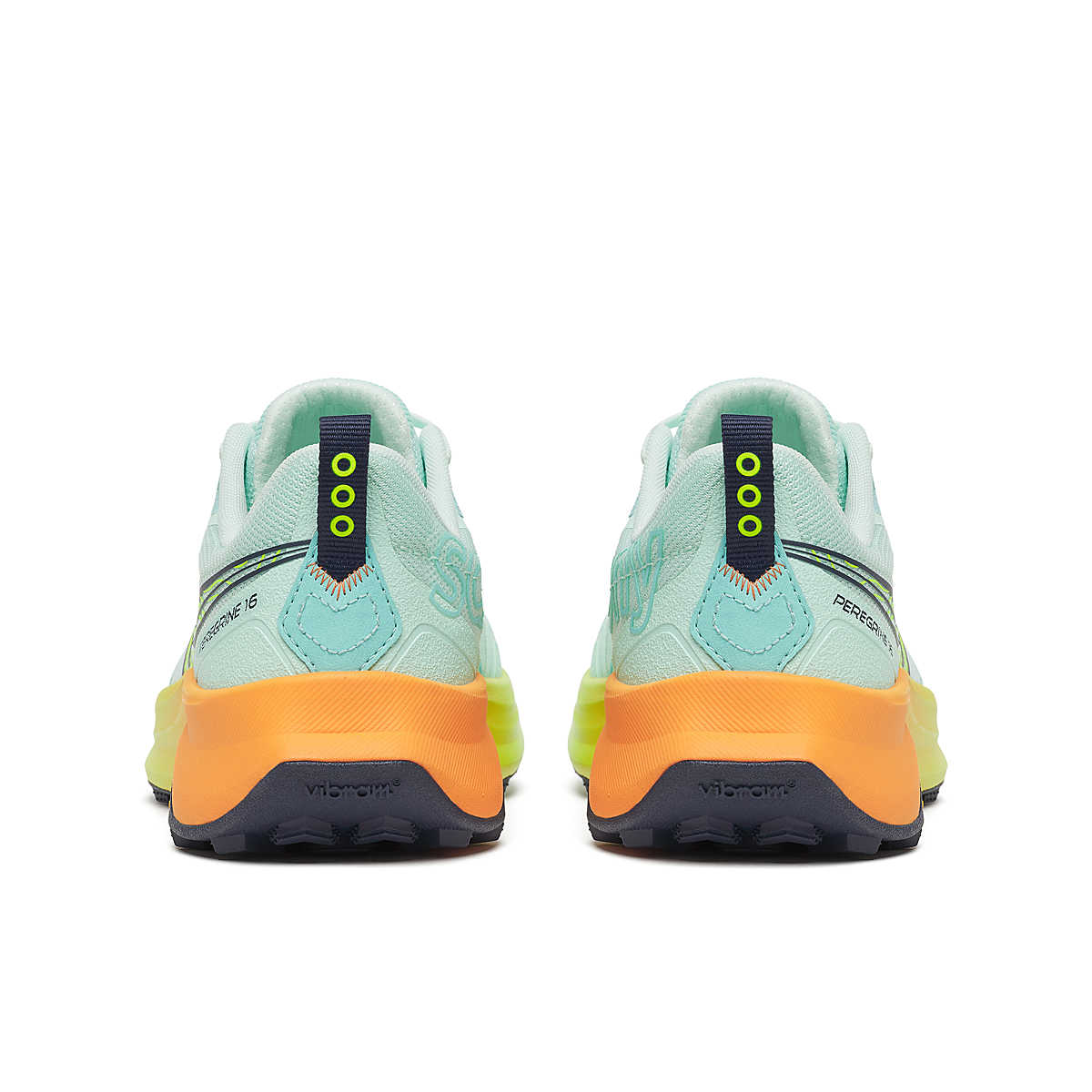 Peregrine 16 - Women by Saucony in mint green and orange with Vibram Megagrip sole, cushioned trail running shoe for rugged terrain.