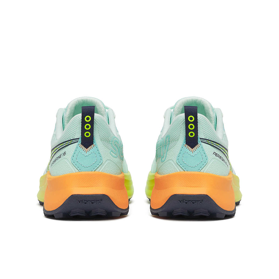 Peregrine 16 - Women by Saucony in mint green and orange with Vibram Megagrip sole, cushioned trail running shoe for rugged terrain.