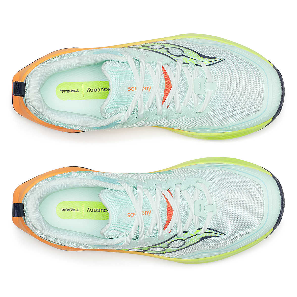 Peregrine 16 - Women by Saucony in light blue, orange, and lime with Vibram Megagrip for rugged trail running and outdoor use