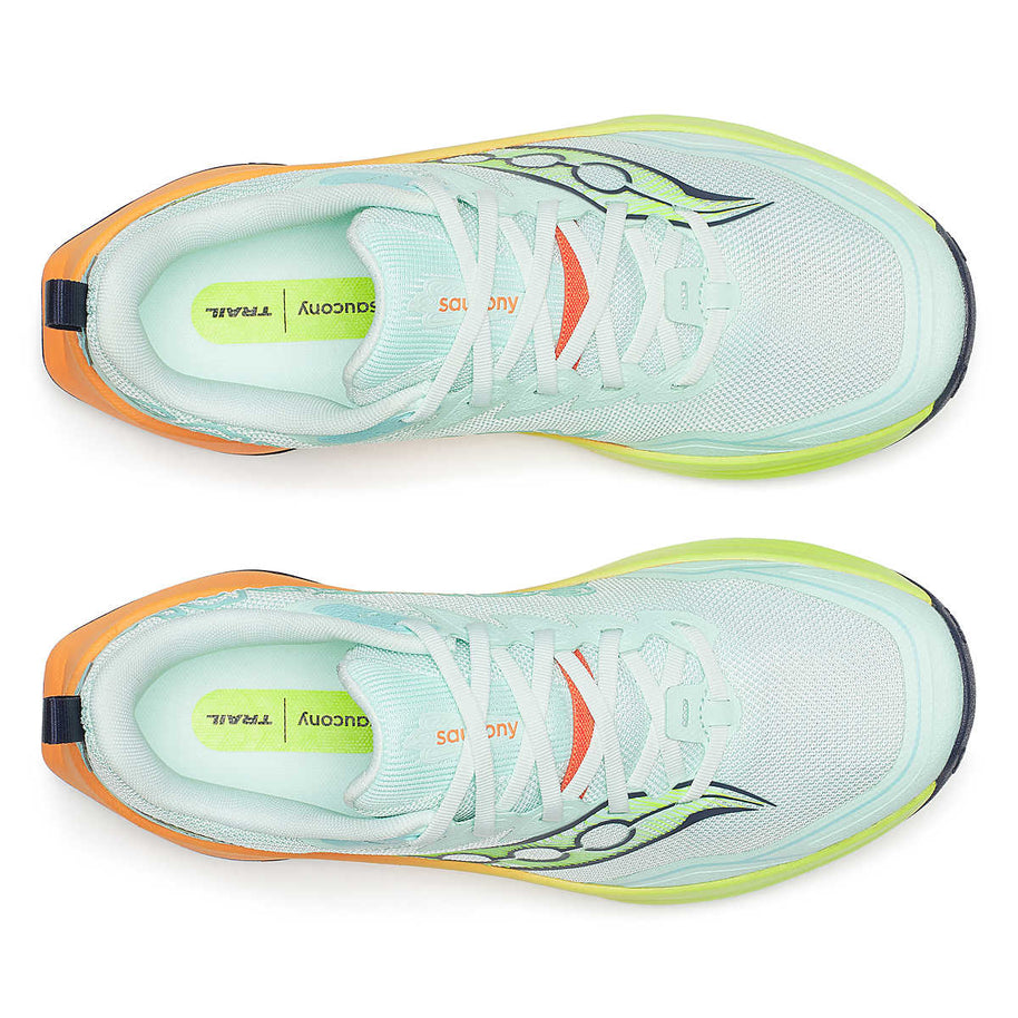 Peregrine 16 - Women by Saucony in light blue, orange, and lime with Vibram Megagrip for rugged trail running and outdoor use