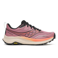 Peregrine 16 - Women by Saucony in pink and black trail running shoe with Vibram Megagrip sole for rugged terrain and smooth cushioning