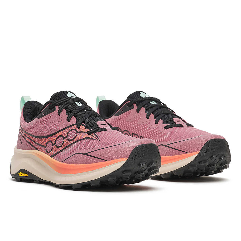 Peregrine 16 - Women by Saucony in pink and black trail running shoe with Vibram Megagrip for rugged terrain and cushioning