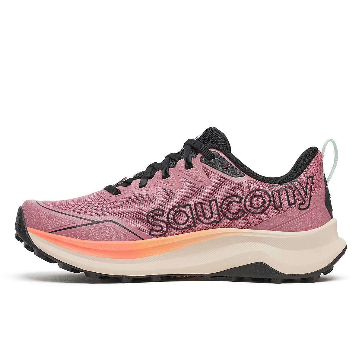 Peregrine 16 - Women by Saucony in pink and black with Vibram Megagrip outsole, cushioned trail running shoe for rugged terrain grip and comfort