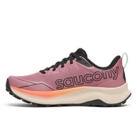 Peregrine 16 - Women by Saucony in pink and black with Vibram Megagrip outsole, cushioned trail running shoe for rugged terrain grip and comfort