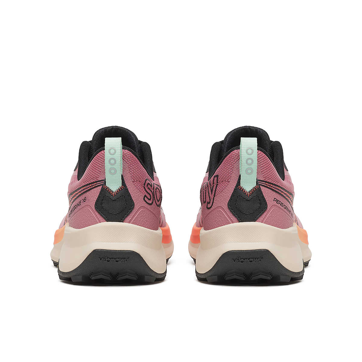 Peregrine 16 - Women by Saucony in pink and black trail running shoe with Vibram Megagrip outsole for rugged terrain and cushioning