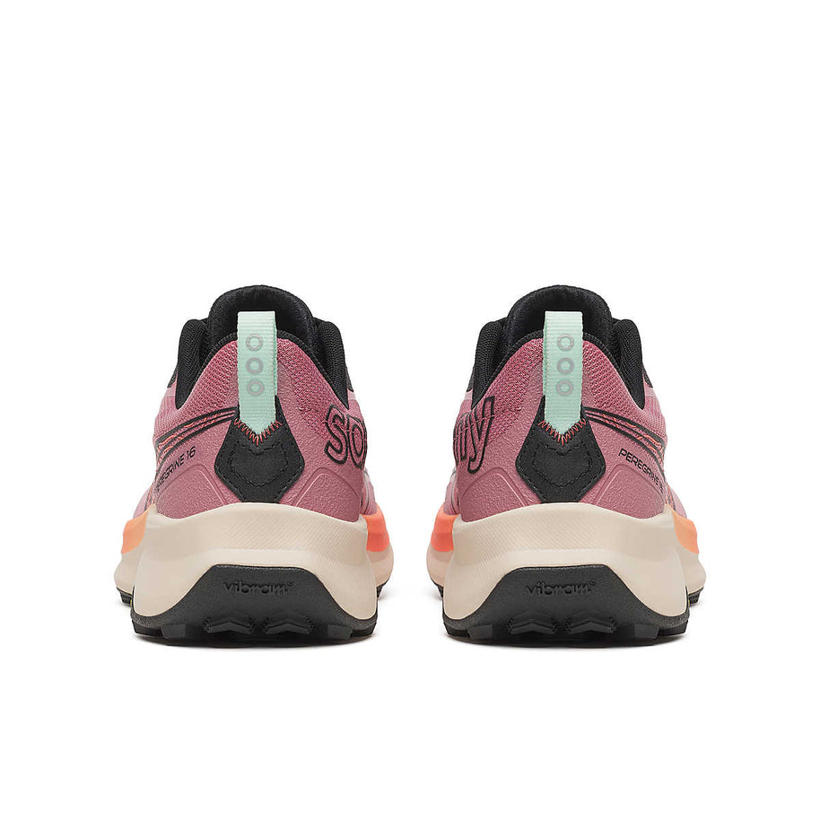 Peregrine 16 - Women by Saucony in pink and black trail running shoe with Vibram Megagrip outsole for rugged terrain and cushioning