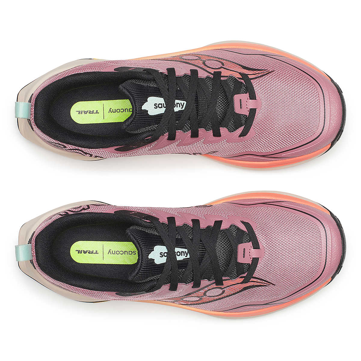 Peregrine 16 - Women by Saucony in pink and orange with Vibram Megagrip sole, cushioned trail running shoes for rugged terrain and grip
