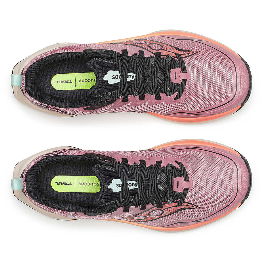 Peregrine 16 - Women by Saucony in pink and orange with Vibram Megagrip sole, cushioned trail running shoes for rugged terrain and grip