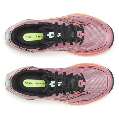 Peregrine 16 - Women by Saucony in pink and orange with Vibram Megagrip sole, cushioned trail running shoes for rugged terrain and grip