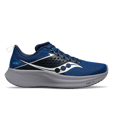 Ride 17 - Men by Saucony in blue and grey, cushioned road running shoe with PWRRUN+ foam for comfort-first performance