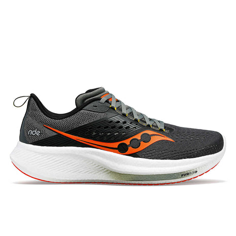 Ride 17 - Men by Saucony in dark grey with orange accents, lightweight road running shoe with PWRRUN+ cushioning for comfort and performance