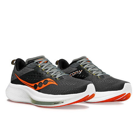 Ride 17 - Men by Saucony in black and orange, cushioned running shoes with PWRRUN+ foam for comfort and performance on road runs