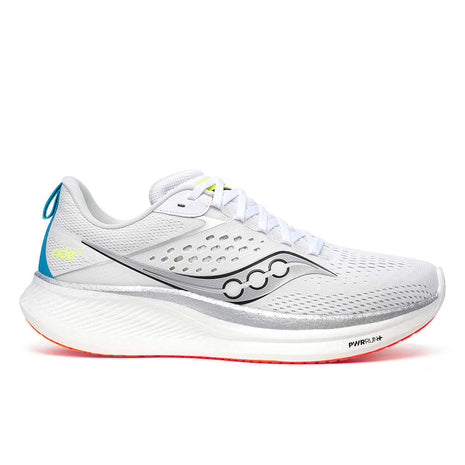 Ride 17 - Men by Saucony in white and blue with PWRRUN+ cushioning, lightweight road running shoe for comfort-first performance and daily runs