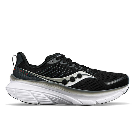 Saucony Guide 17 men's road running shoe in Black/Shadow, side view of black mesh upper on white midsole