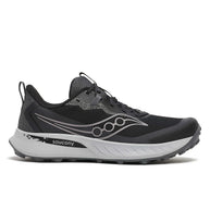 Peregrine 15 - Men by Saucony in black and grey with PWRRUN foam cushioning and durable PWRTRAC outsole for trail running and outdoor use