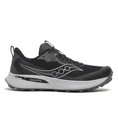 Peregrine 15 - Men by Saucony in black and grey with PWRRUN foam cushioning and durable PWRTRAC outsole for trail running and outdoor use