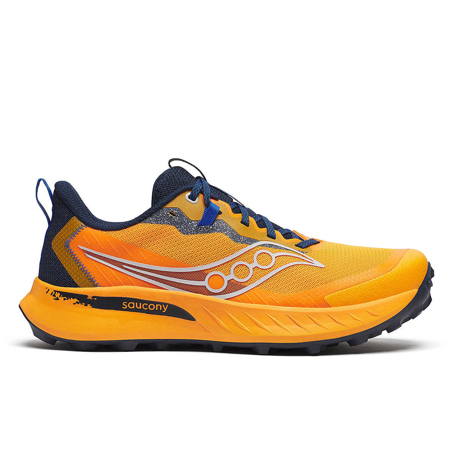 Peregrine 15 - Men by Saucony in yellow and navy with PWRRUN foam cushioning and durable PWRTRAC outsole for trail running and outdoor use