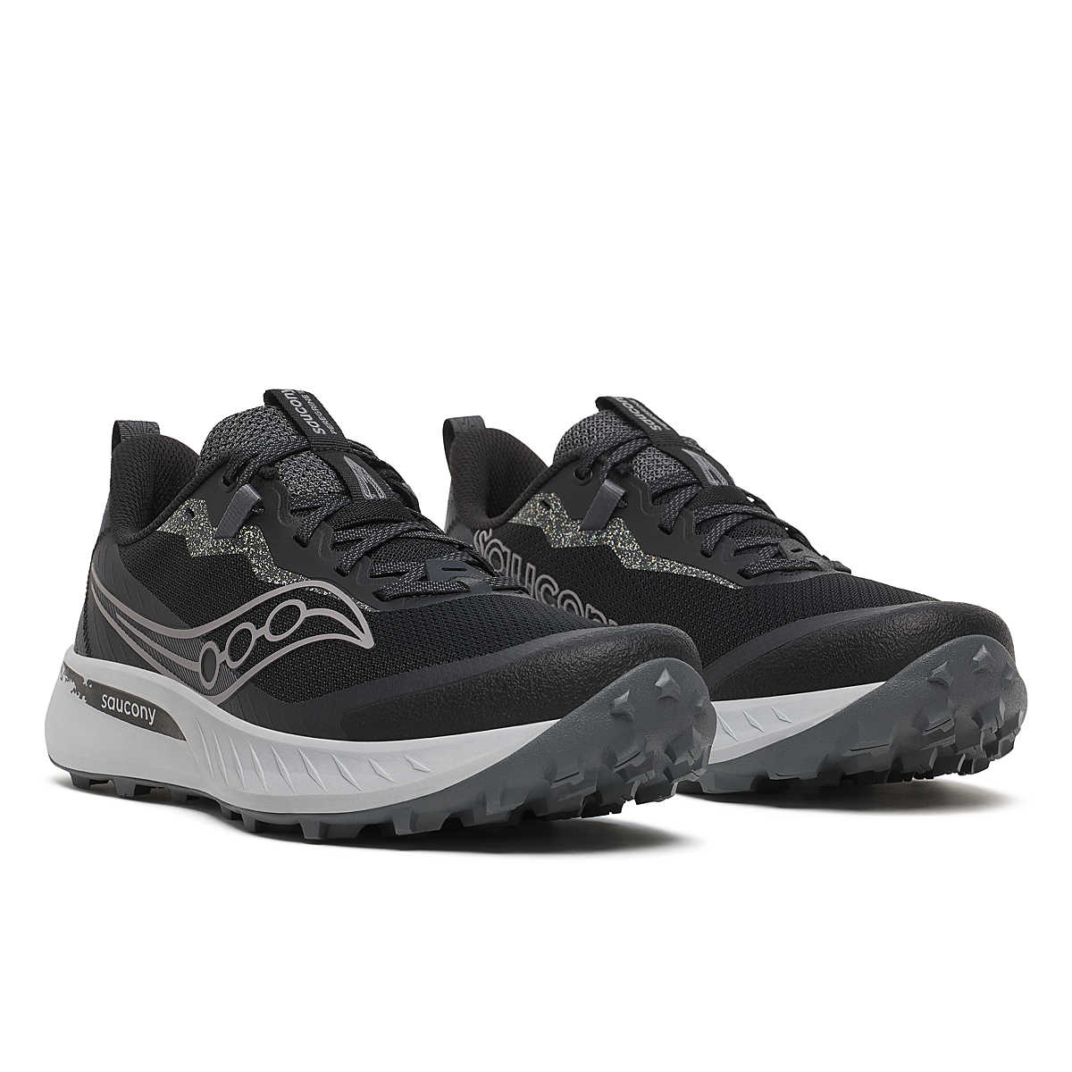 Peregrine 15 - Men by Saucony in black and grey with PWRRUN foam cushioning and PWRTRAC durable outsole for trail running and rugged terrain