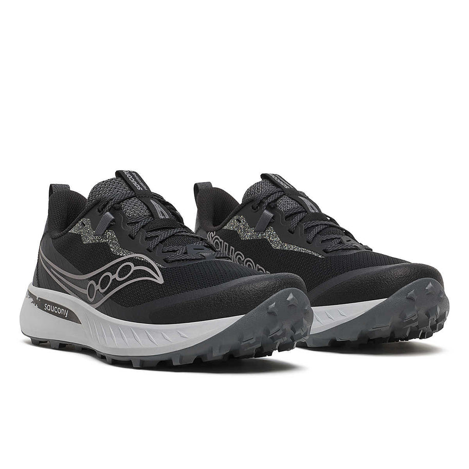 Peregrine 15 - Men by Saucony in black and grey with PWRRUN foam cushioning and PWRTRAC durable outsole for trail running and rugged terrain