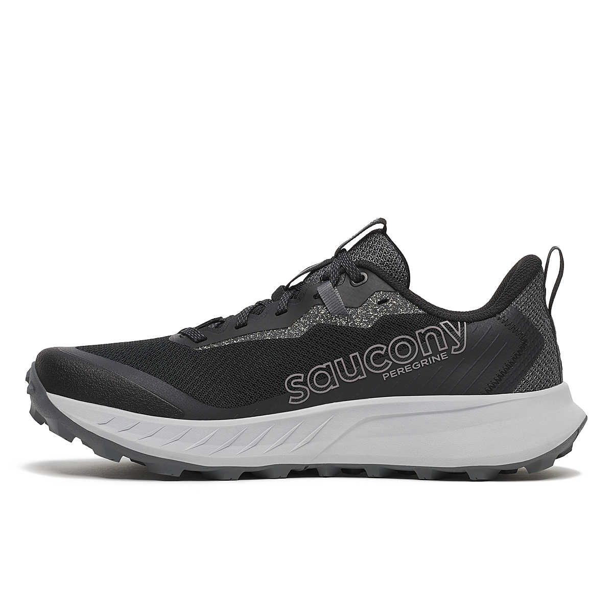 Peregrine 15 - Men by Saucony in black and grey with PWRRUN foam cushioning and durable PWRTRAC outsole for trail running and rugged outdoor use
