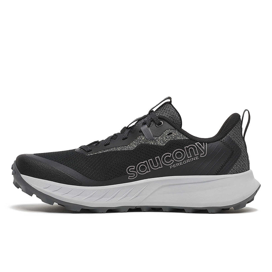 Peregrine 15 - Men by Saucony in black and grey with PWRRUN foam cushioning and durable PWRTRAC outsole for trail running and rugged outdoor use