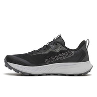 Peregrine 15 - Men by Saucony in black and grey with PWRRUN foam cushioning and durable PWRTRAC outsole for trail running and rugged outdoor use