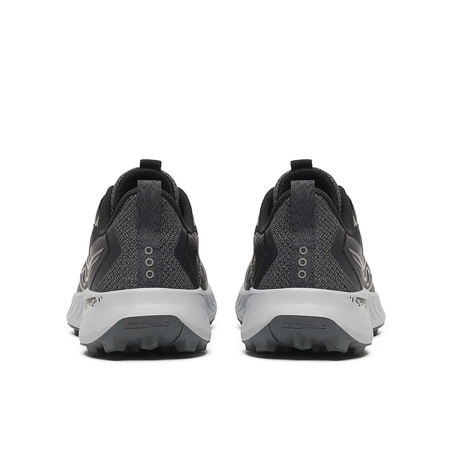 Peregrine 15 - Men by Saucony in black and grey with PWRRUN foam cushioning and PWRTRAC durable outsole for trail running and outdoor use