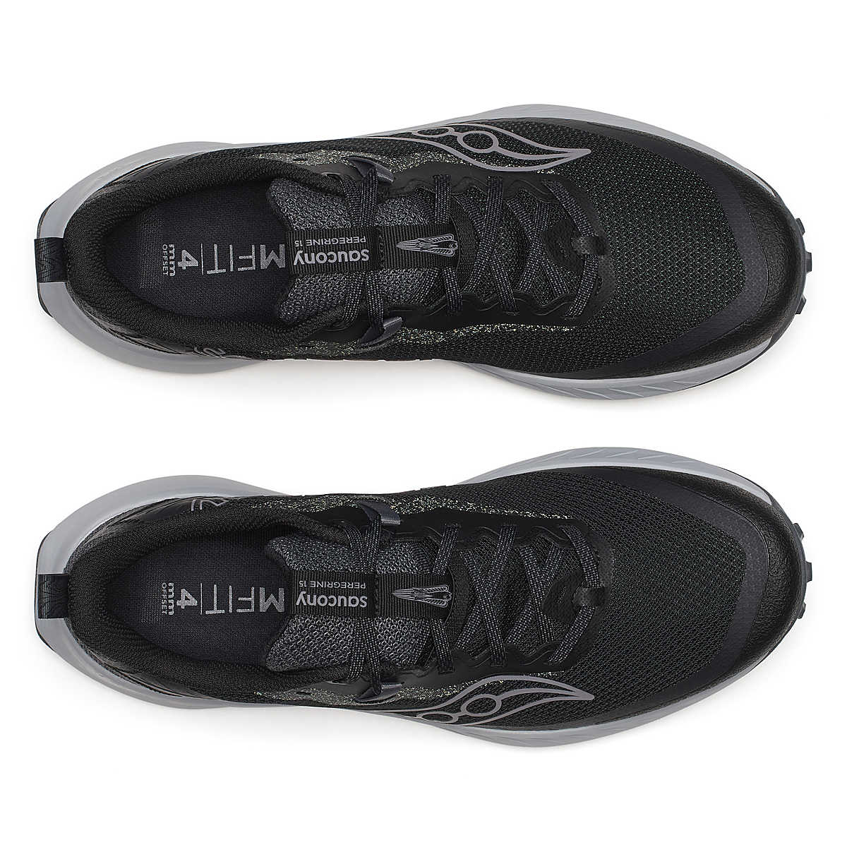 Peregrine 15 - Men by Saucony in black and grey with PWRRUN foam cushioning and PWRTRAC outsole for durable trail running shoes