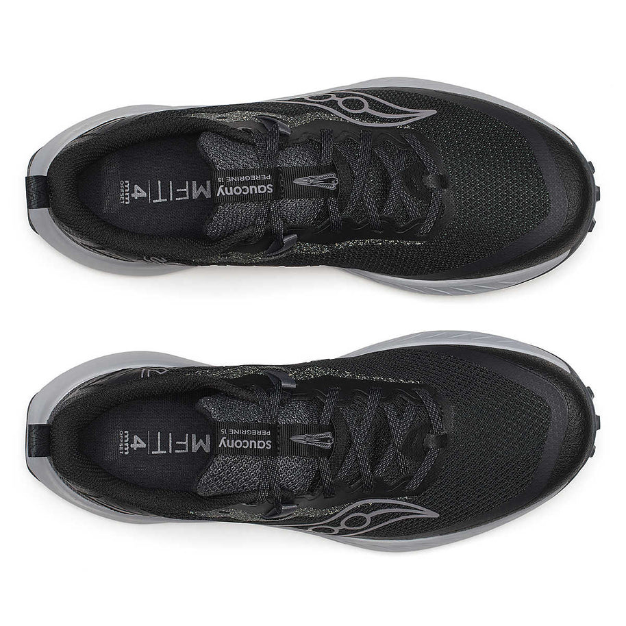 Peregrine 15 - Men by Saucony in black and grey with PWRRUN foam cushioning and PWRTRAC outsole for durable trail running shoes