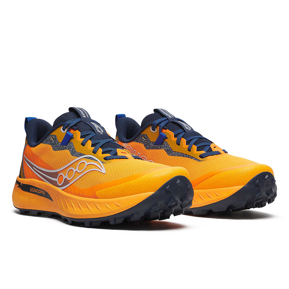 Peregrine 15 - Men by Saucony in orange and blue with PWRRUN foam cushioning and PWRTRAC outsole for durable trail running shoes