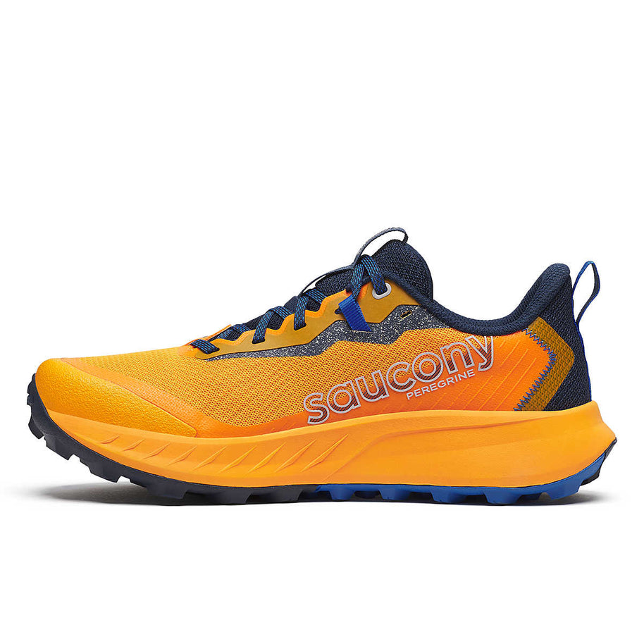 Peregrine 15 - Men by Saucony in orange and navy with PWRRUN foam and PWRTRAC outsole for durable, cushioned trail running shoes