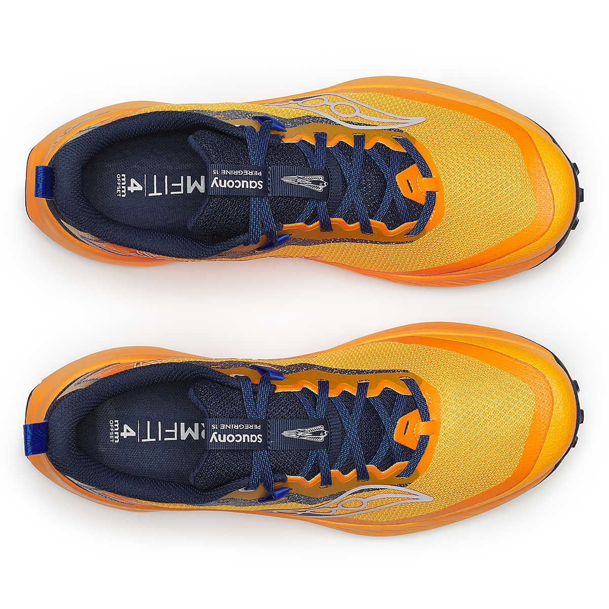 Peregrine 15 - Men by Saucony in orange and navy with PWRRUN foam cushioning and PWRTRAC rubber outsole for durable trail running shoes