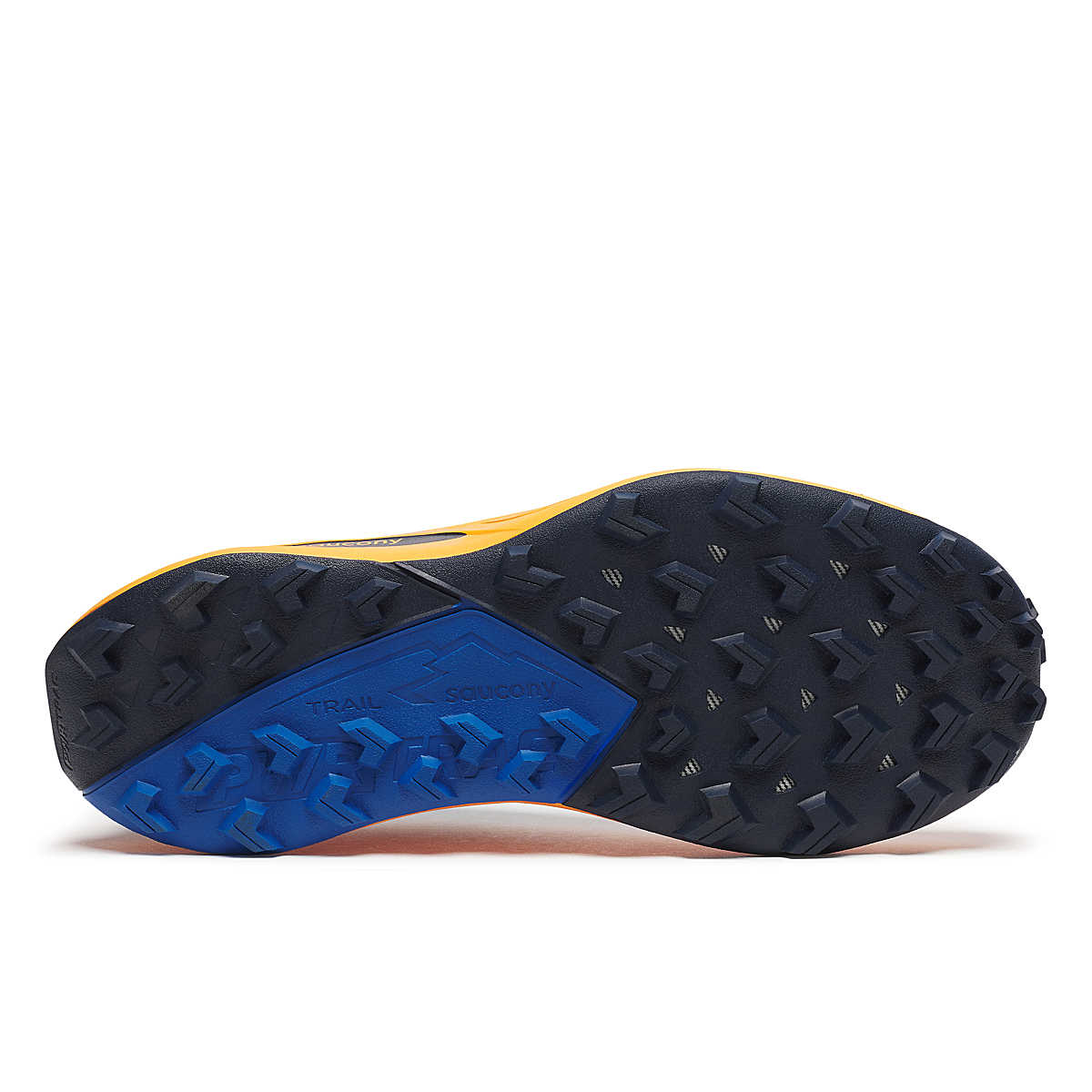 Peregrine 15 - Men by Saucony in yellow and blue with PWRTRAC rubber outsole for durable trail running and outdoor use