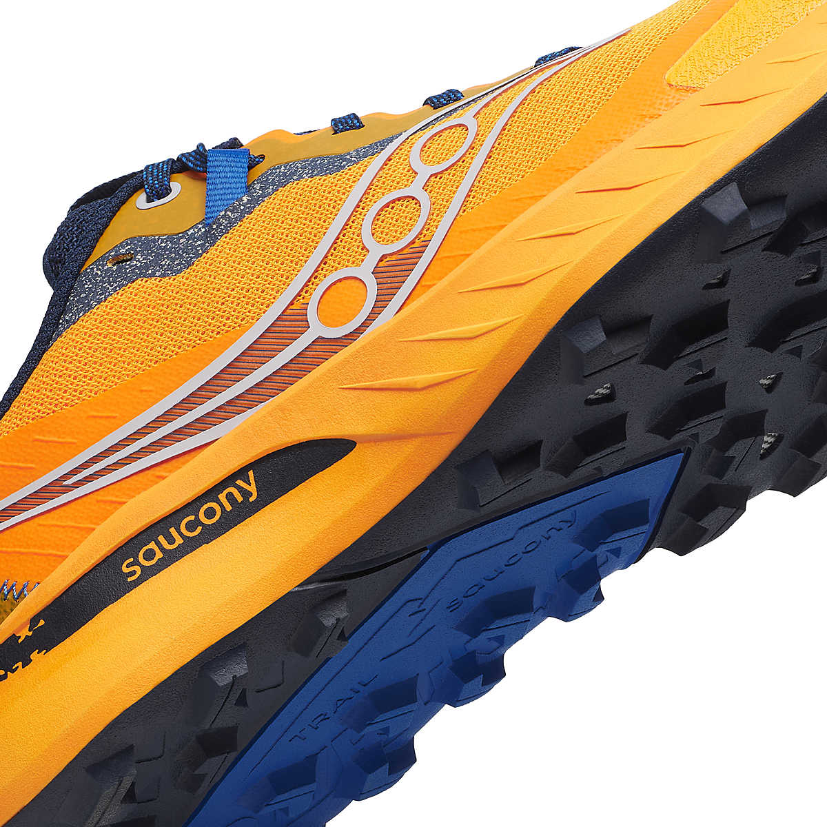 Peregrine 15 - Men by Saucony in yellow and blue with PWRRUN foam cushioning and durable PWRTRAC outsole for trail running and outdoor use