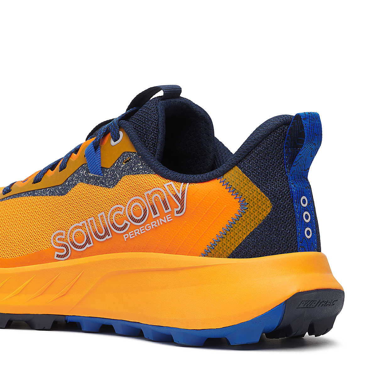 Peregrine 15 - Men by Saucony in orange and blue with PWRRUN foam cushioning and PWRTRAC rubber outsole for durable trail running shoes