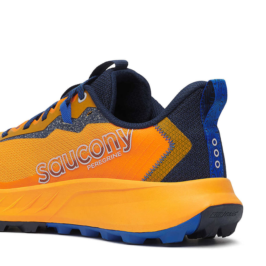 Peregrine 15 - Men by Saucony in orange and blue with PWRRUN foam cushioning and PWRTRAC rubber outsole for durable trail running shoes