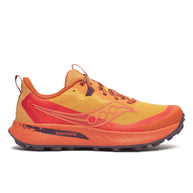 Peregrine 15 - Men by Saucony in orange and red with PWRRUN foam cushioning and durable PWRTRAC outsole for trail running and outdoor use